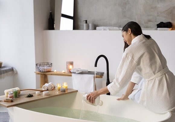 Femme dans salle de bains