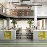 Espace de travail moderne avec open space, mobilier design et mezzanine bibliothèque