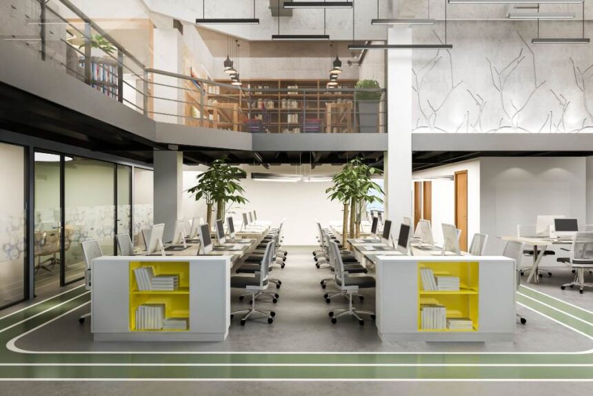 Espace de travail moderne avec open space, mobilier design et mezzanine bibliothèque