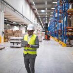 Gestionnaire d'entrepôt marchant à travers une grande zone de stockage et tenant la tablette alors que le chariot élévateur fonctionnait en arrière-plan