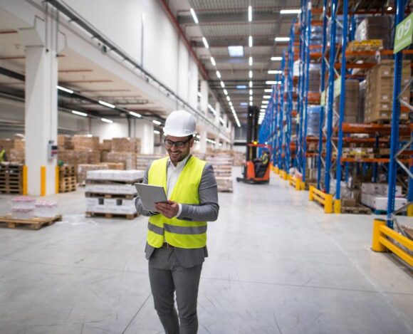 Gestionnaire d'entrepôt marchant à travers une grande zone de stockage et tenant la tablette alors que le chariot élévateur fonctionnait en arrière-plan Gestionnaire d'entrepôt marchant à travers une grande zone de stockage et tenant la tablette alors que le chariot élévateur fonctionnait en arrière-plan