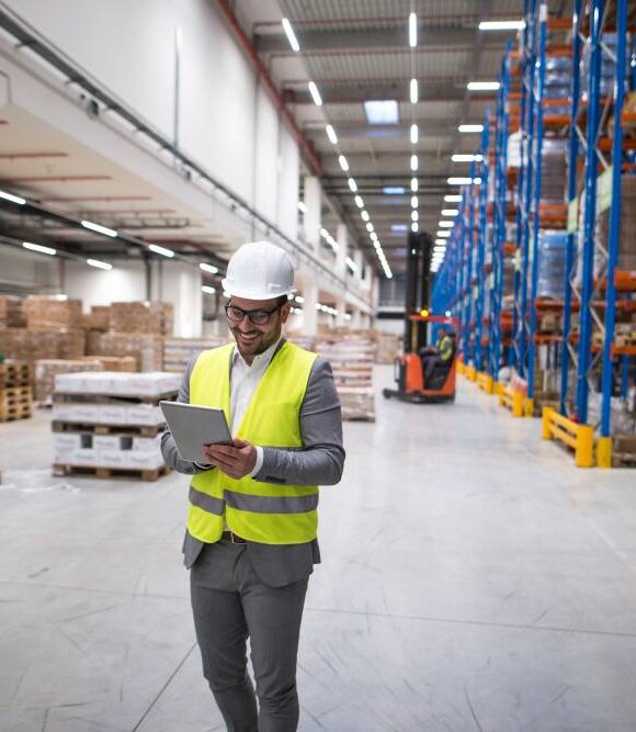 Gestionnaire d'entrepôt marchant à travers une grande zone de stockage et tenant la tablette alors que le chariot élévateur fonctionnait en arrière-plan Gestionnaire d'entrepôt marchant à travers une grande zone de stockage et tenant la tablette alors que le chariot élévateur fonctionnait en arrière-plan