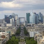 Vue aérienne du quartier d'affaires de La Défense avec la Grande Arche au centre, depuis l'avenue de la Grande Armée à Paris